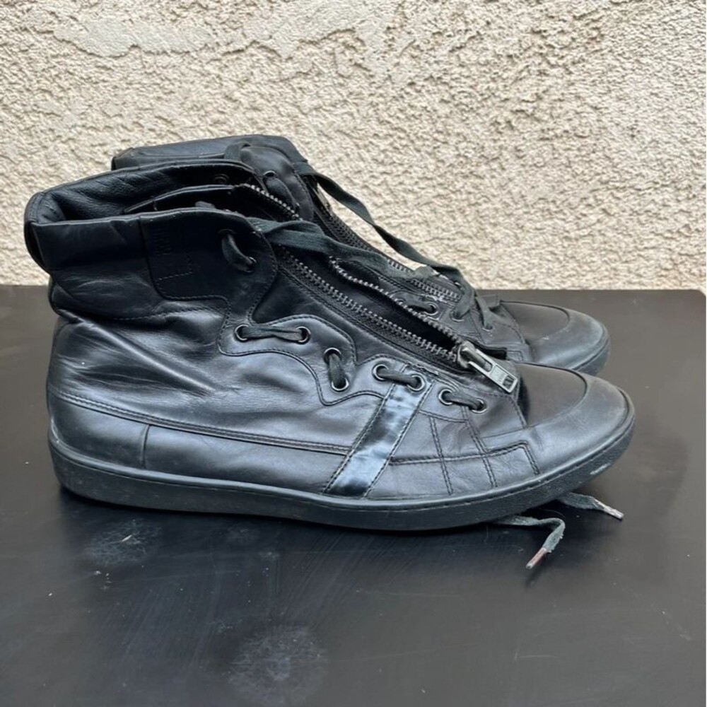 Hugo Boss Mens Black High Top Lace Leather Zip Punk Biker Shoes Sneaker Sz 12